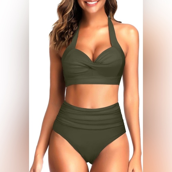 Tempt Me 2-pc retro style high waist ruched swimsuit bikini size Medium green - Picture 1 of 6
